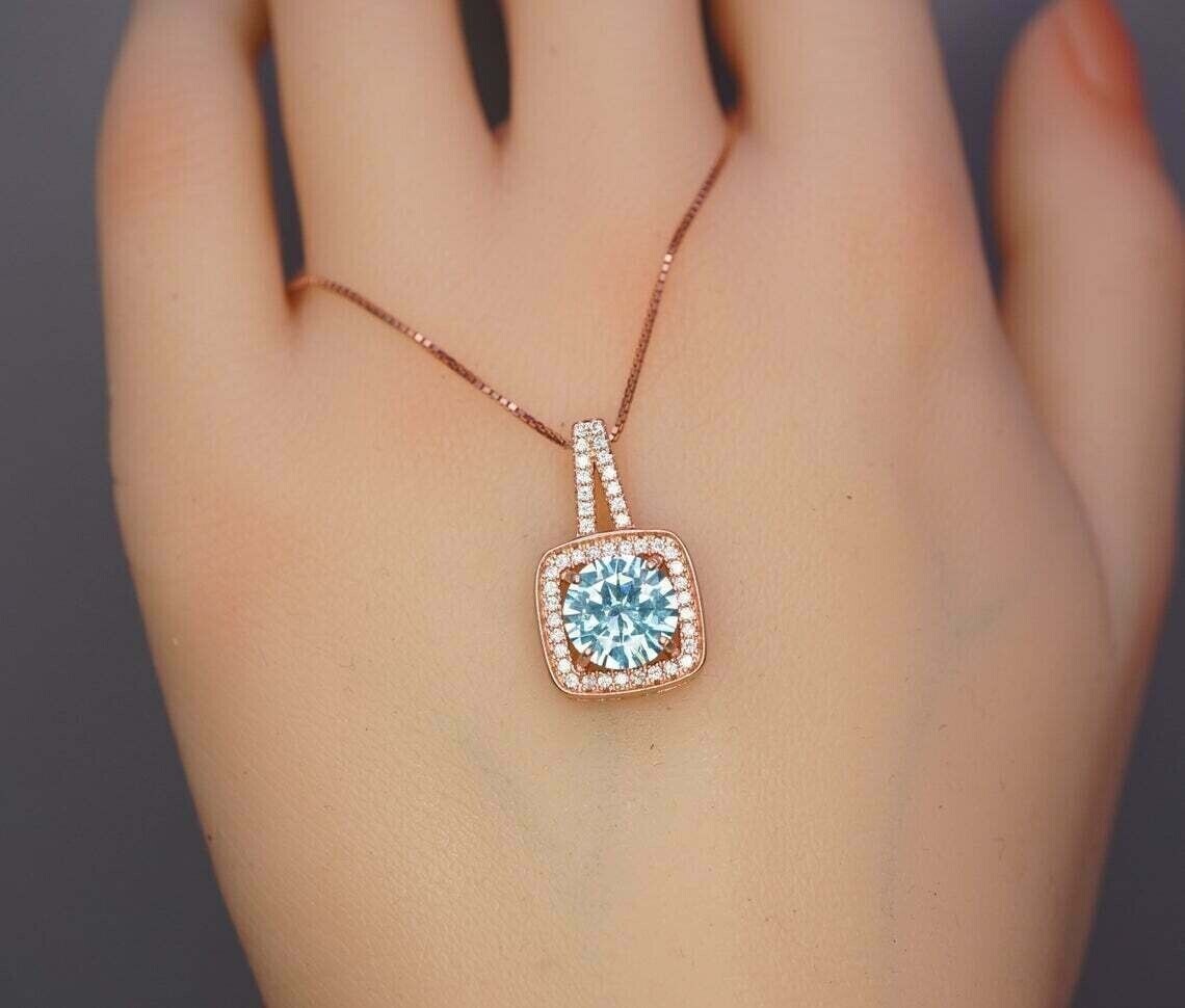 2Ct Round Cut Lab-Created Aquamarine Halo Pendant 14K Rose Gold Plated Silver