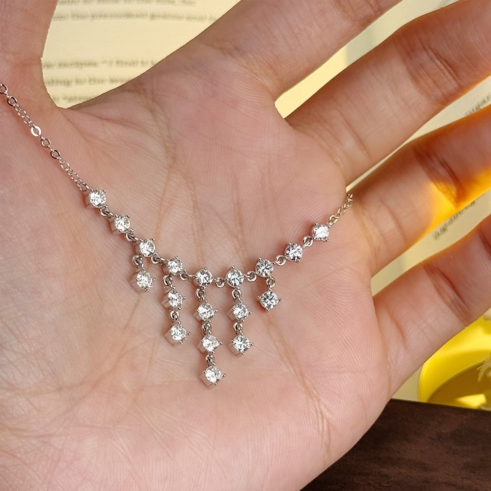 3mm Round Cut Real Moissanite Tassel Pendant Necklace 925 Sterling Silver Chain