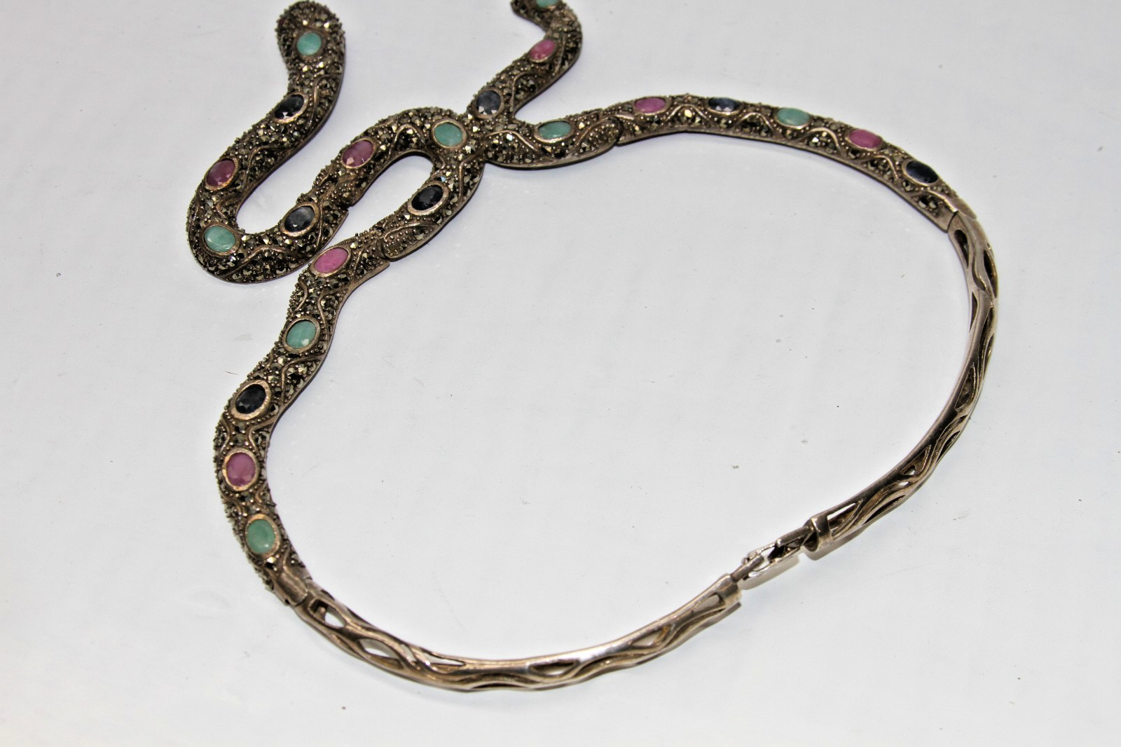 Ruby, Emerald, Sapphire, Marcasite Snake Necklace 925 Sterling Silver 77g