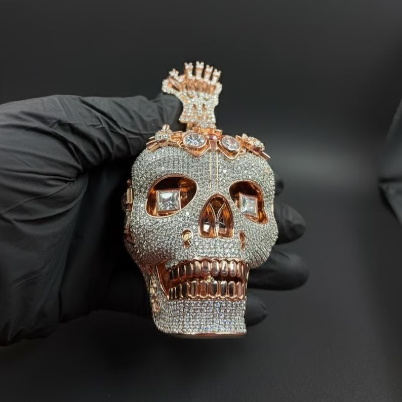 Tester Pass Moissanite Skull Pendant Rose Gold Plated Hip Hop Luxury Rap Jewelry