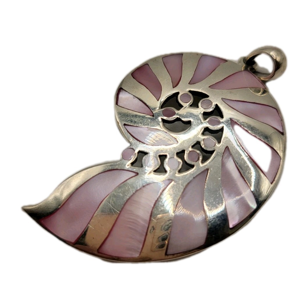 925 Sterling Silver Nautilus Shell Pendant Pink Mother-of-Pearl Inlay 2.5″