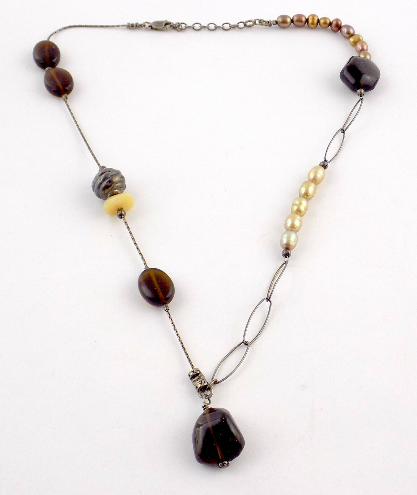 Sterling Silver Smoky Quartz Agate and Pearl Beaded Necklace 925 19.3g 18 Inches