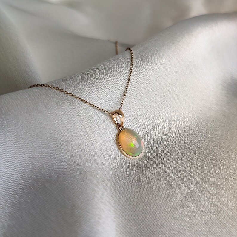 10K Solid Gold Natural Ethiopian Opal Handmade Dainty Pendant For Her Gift