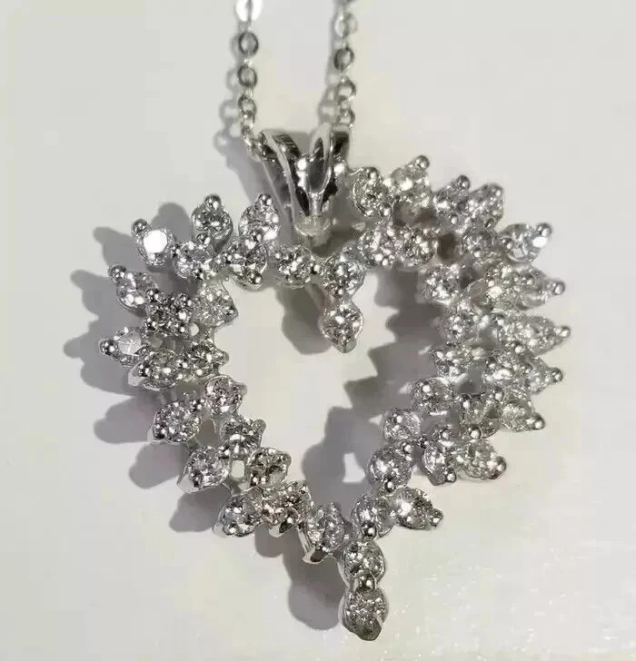2 Ct Round Cut Real Moissanite Cluster Heart Pendant 14K White Gold Plated