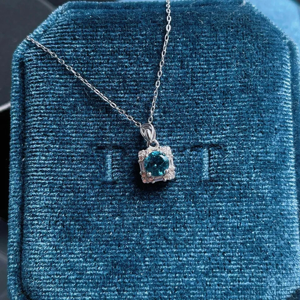 2Ct Round Cut Blue Topaz Halo Pendant Free Chain 14K White Gold Finish