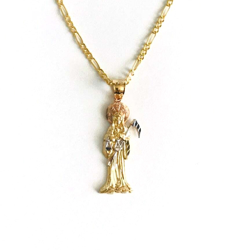 14K SOLID GOLD GRIM REAPER 20″ NECKLACE, 14K SOLID GOLD 34mm SANTA MUERTE – PT97