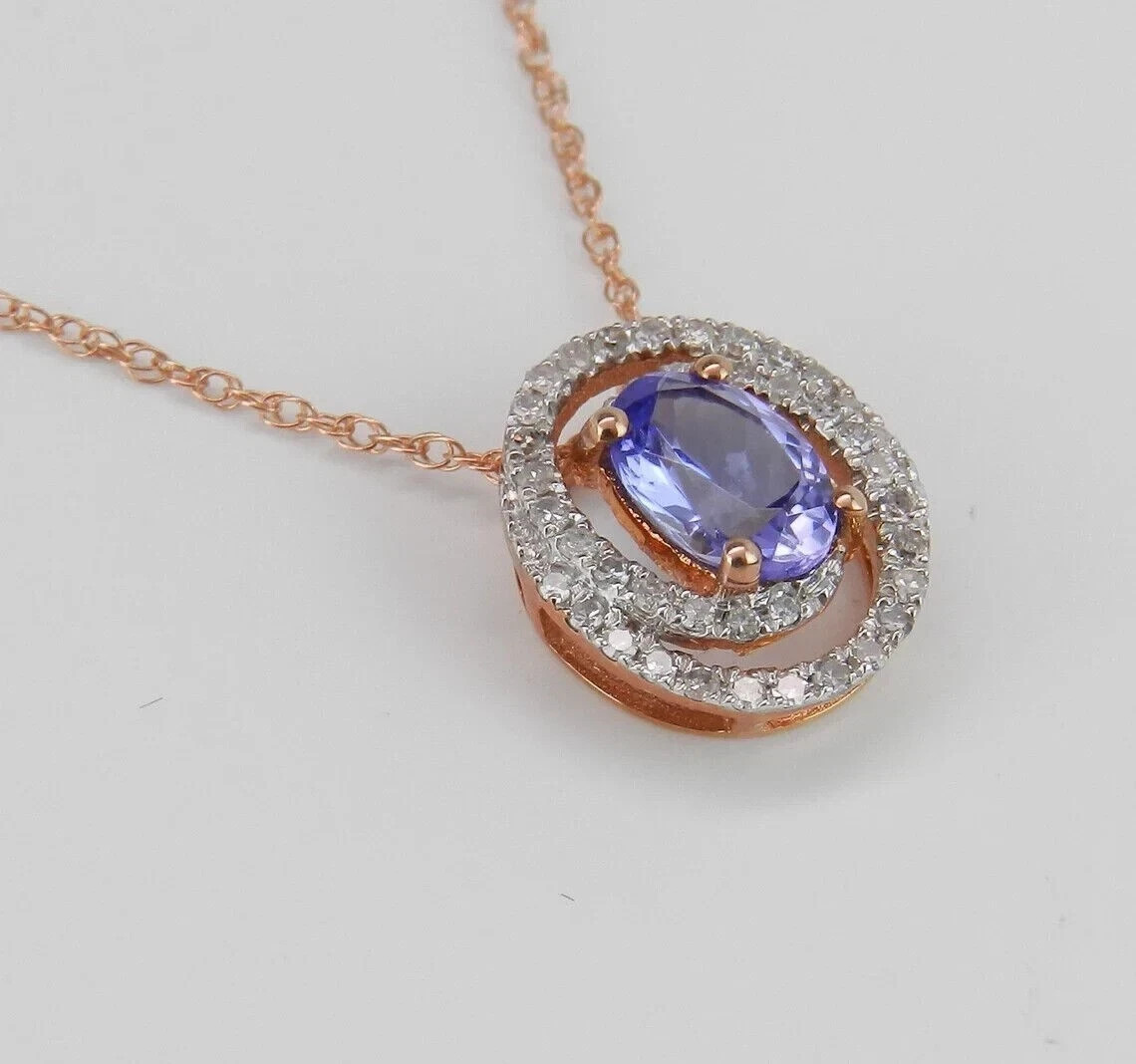 1.20Ct Oval Cut Lab-Created Blue Tanzanite Halo Pendant 14K Rose Gold Plated 18″