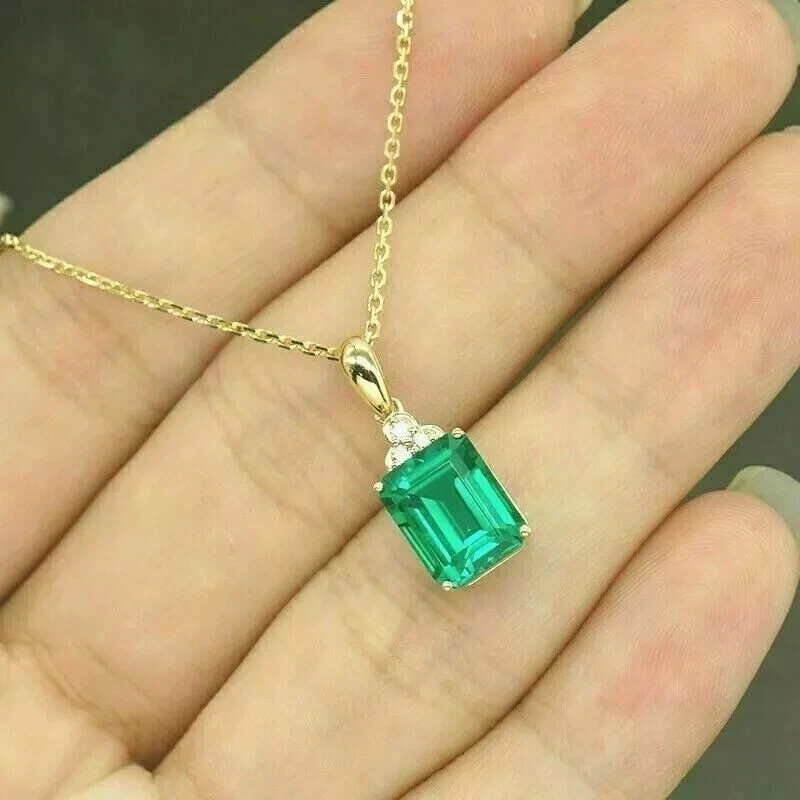 2Ct Lab Created Green Emerald Cut Womens Pendant 14K Yellow Gold Plated 18″Chain
