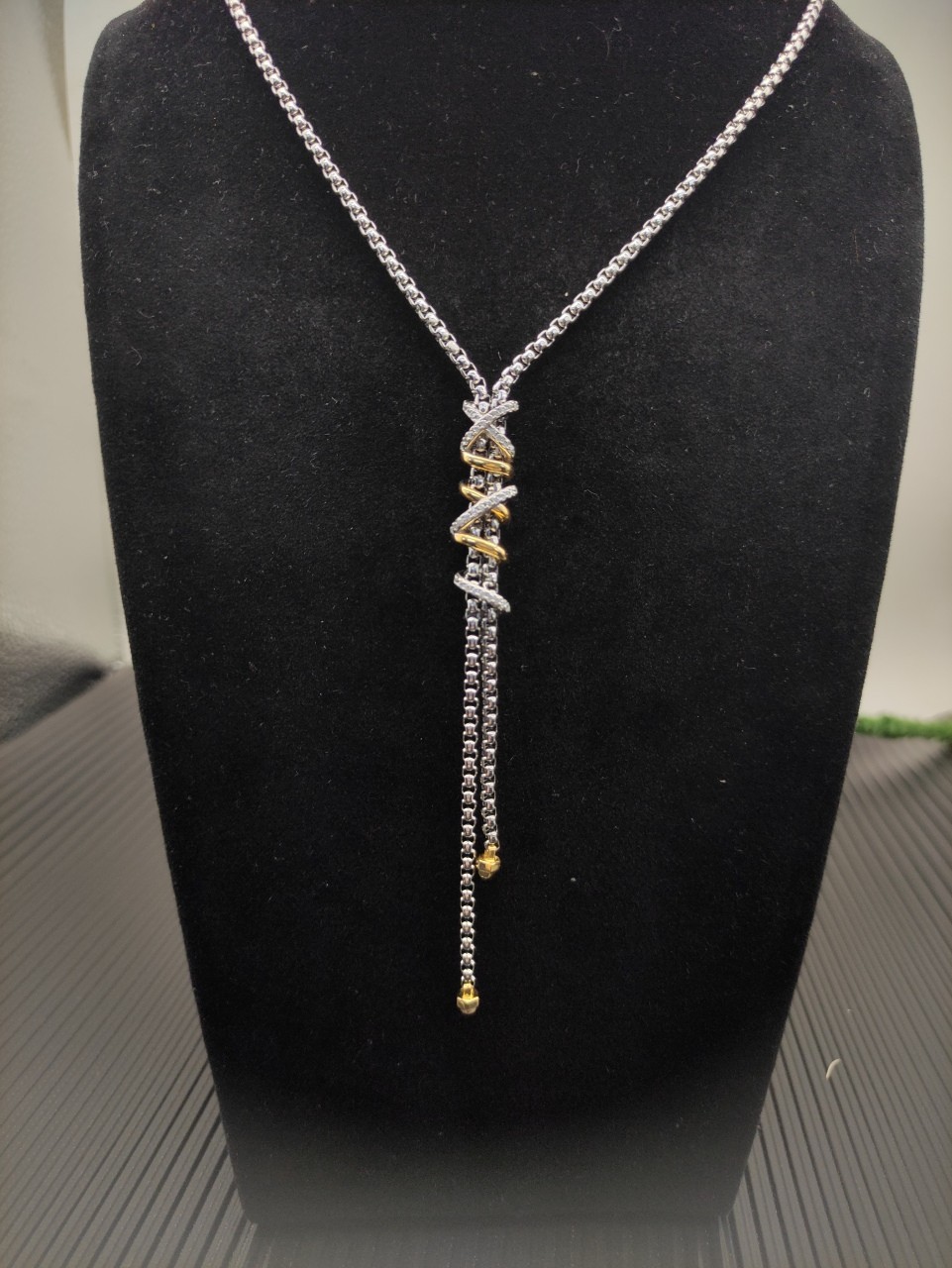 David Yurman Intertwined Lariat Pendant 925Silver 18K Gold Diamond Necklace 55cm