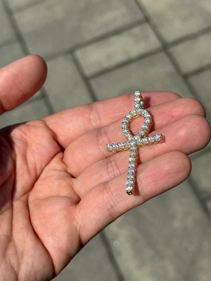 3.00 CTW Round Cut Lab Created Diamond Ankh Cross Pendant 14k Yellow Gold Plated