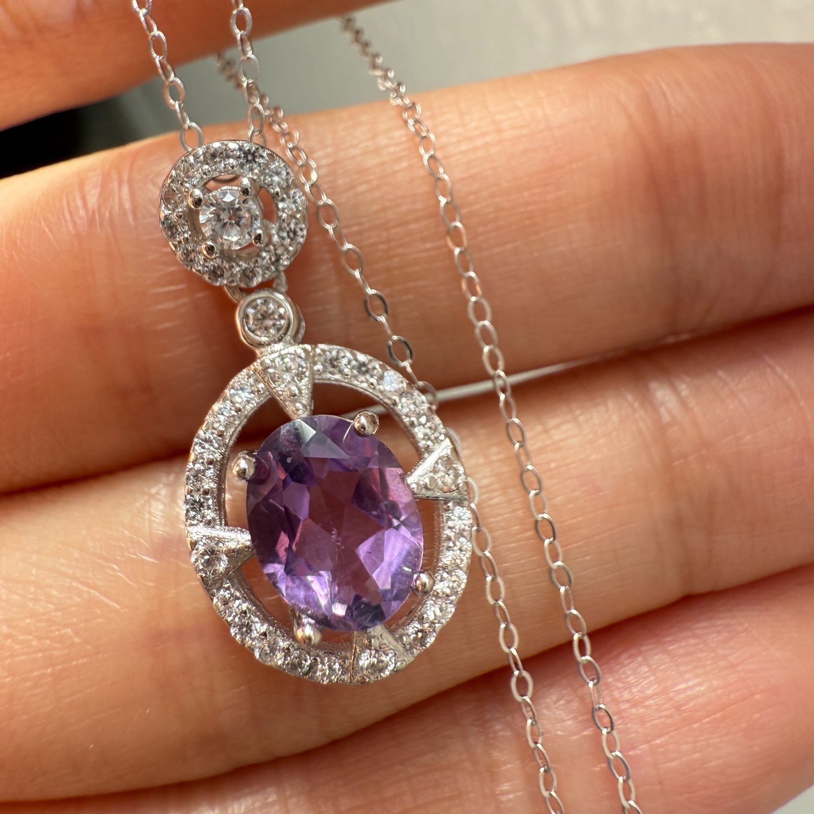 925 Sterling Silver Necklace 8x6mm Natural Amethyst Gemstone Zircon Flower Chain
