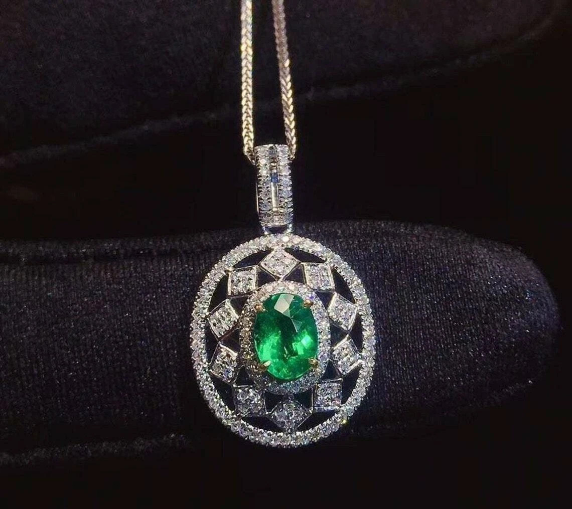 3 CT Oval Cut Green Emerald Teardrop Pendant Necklace 14K White Gold Finish