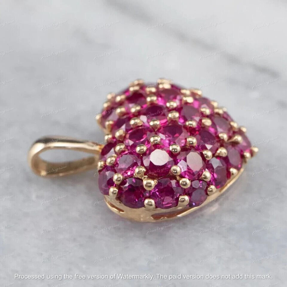 3Ct Round Cut Created Ruby Cluster Heart Pendant Necklace 14K Yellow Gold Over