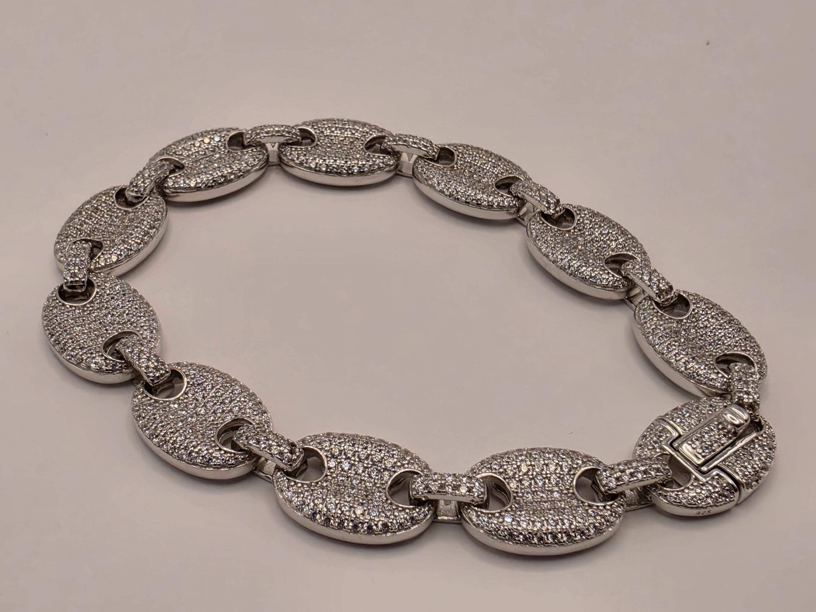 Sterling Silver Pave Mariner Link Bracelet | 925 Silver Iced Out Oval Link Brace