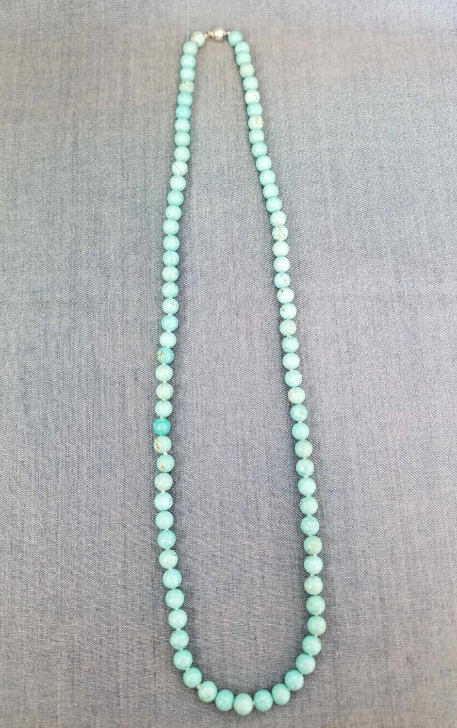 turquoise magnesite necklace, perfect round 9mm, 30″, 925 clasp