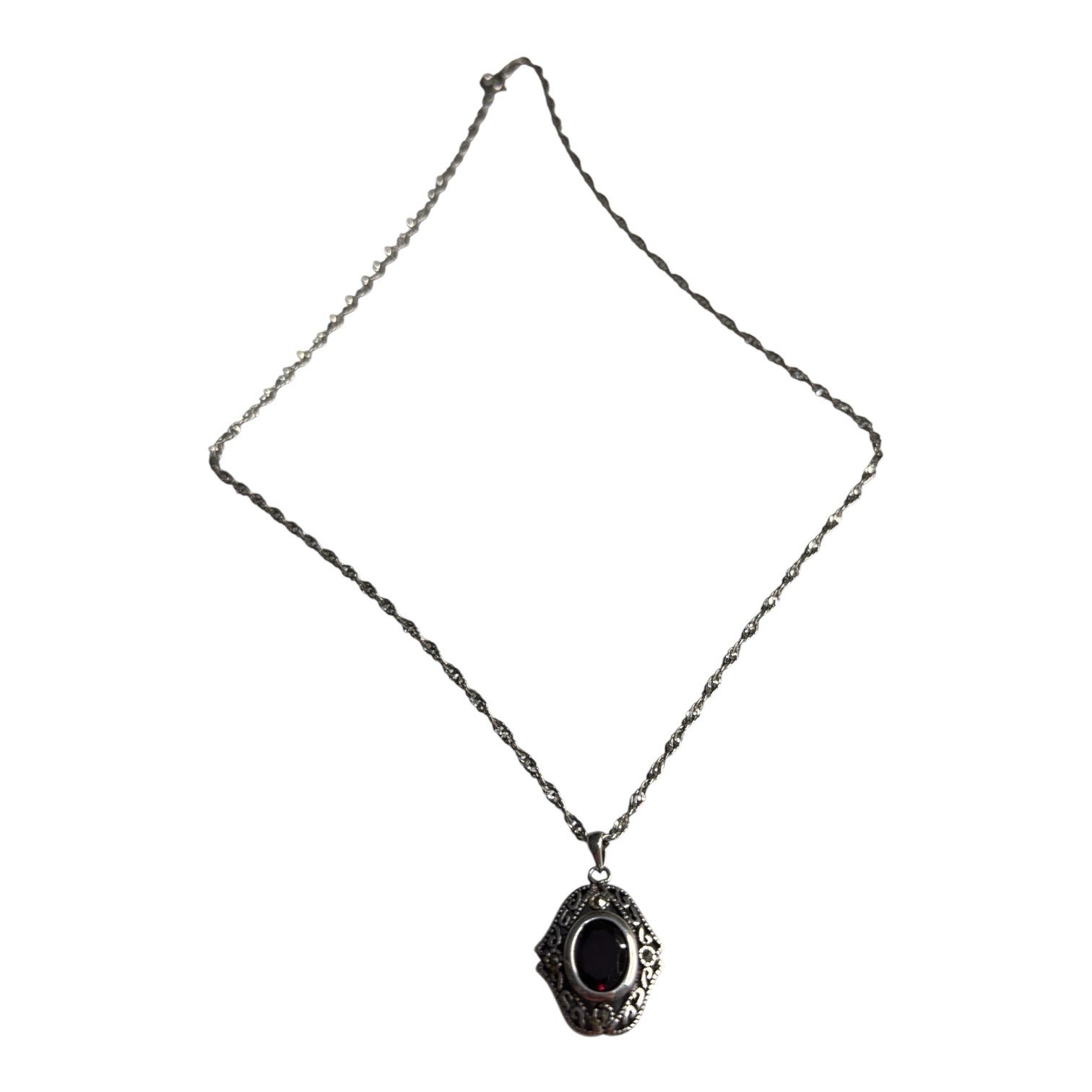 Sterling Silver 925 Garnet Red Marcasite Pendant Necklace Made In Italy Stamped