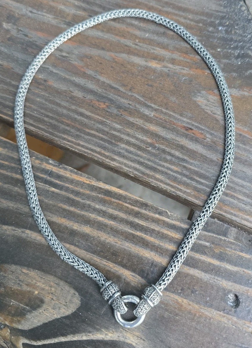 VTG CNA 925 Sterling Silver Marcasite Woven Wheat Chain Front Clasp Necklace 16″
