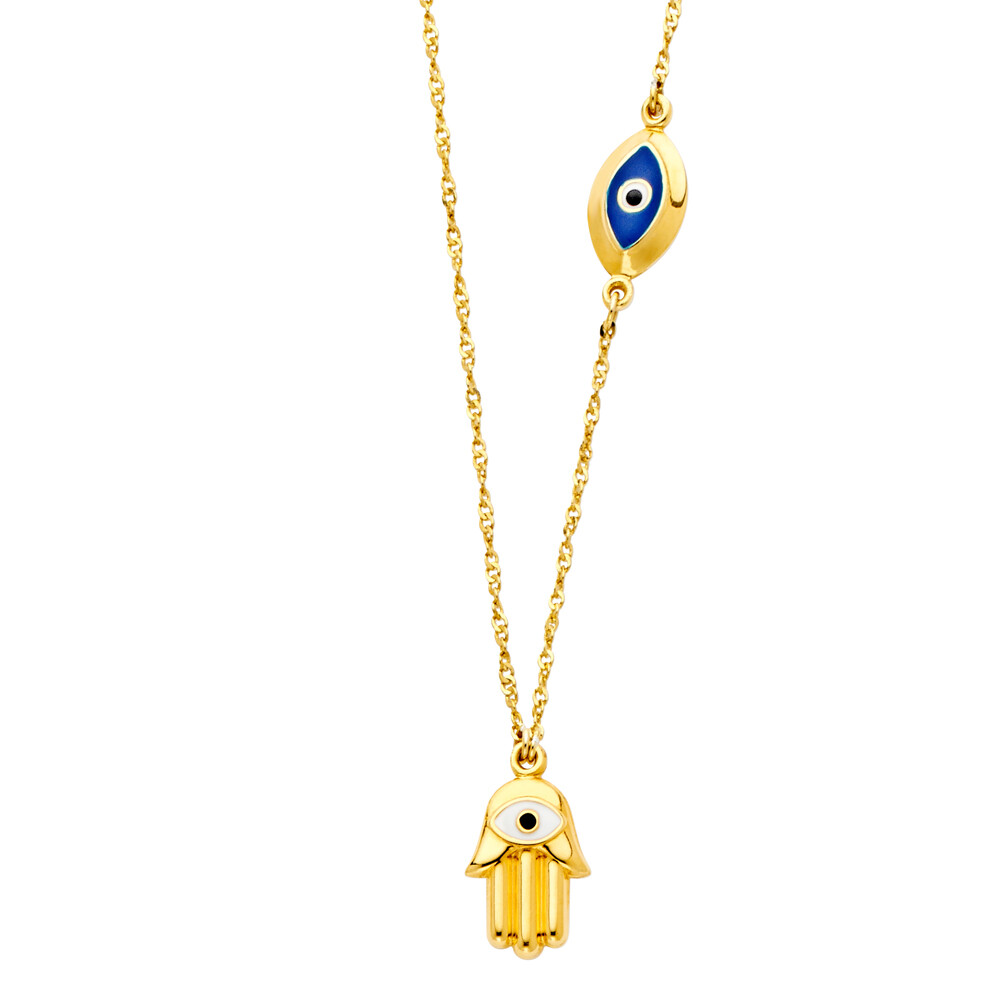 GOLD – 14K Yellow Gold Hamsa + Evil Eye Necklace – 17+1″