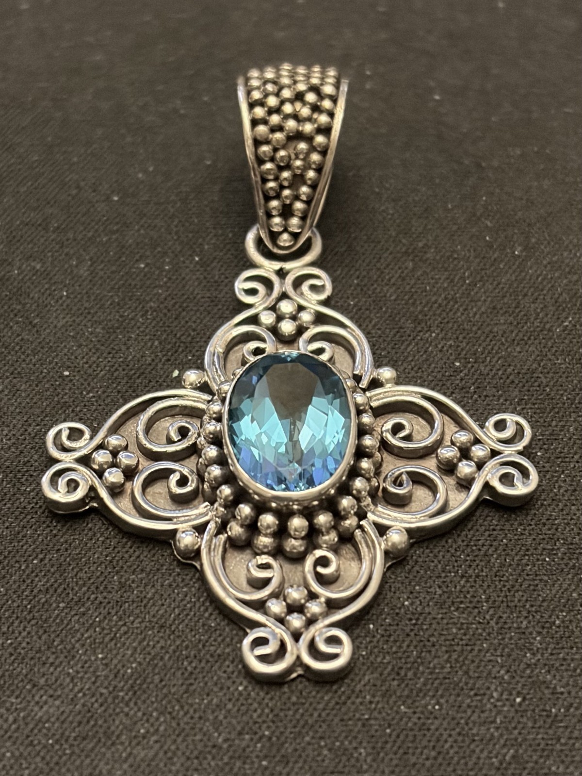 Bali Blue Topaz Cross Pendant 925 Sterling Silver Ornate Filigree Scrollwork
