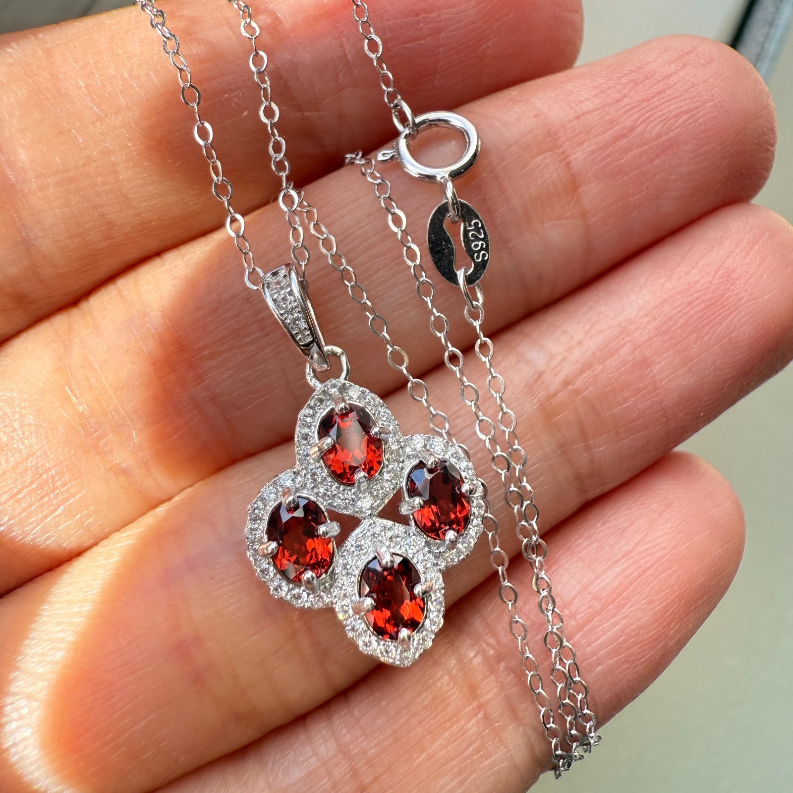 925 Sterling Silver Necklace 4x3mm Natural Garnet Gemstone Zircon Flower Chain