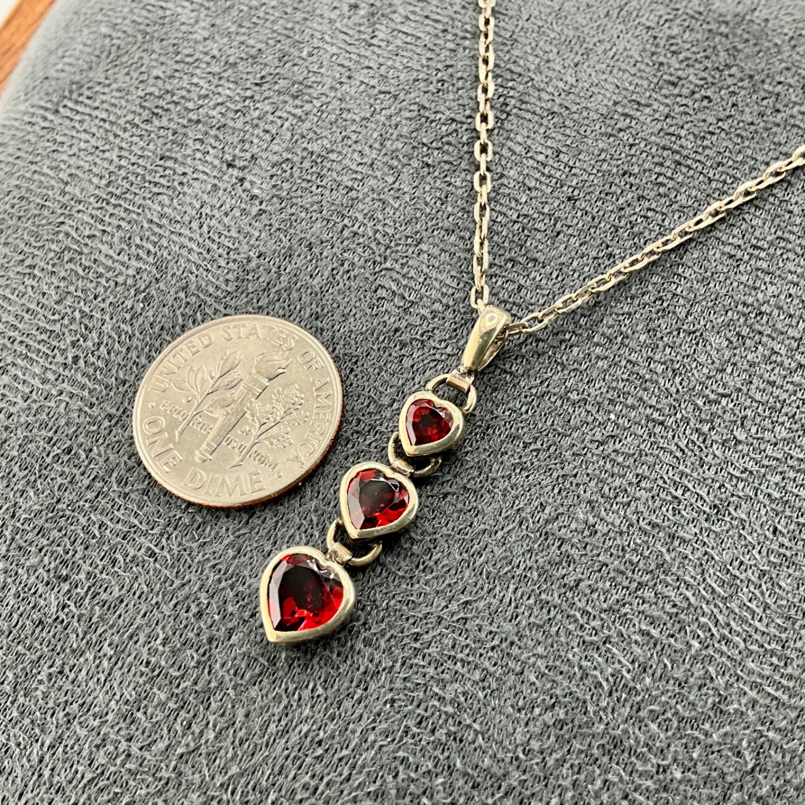 Minimalist Sterling Silver Three Heart Pendant Red Garnet with 17” Chain