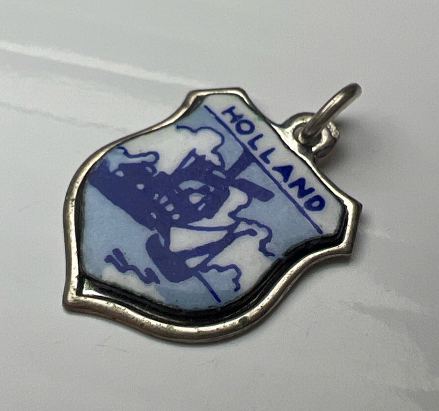 835 Sterling Silver Retro Pendant Charm Holland Enamel Windmill Blue Shield