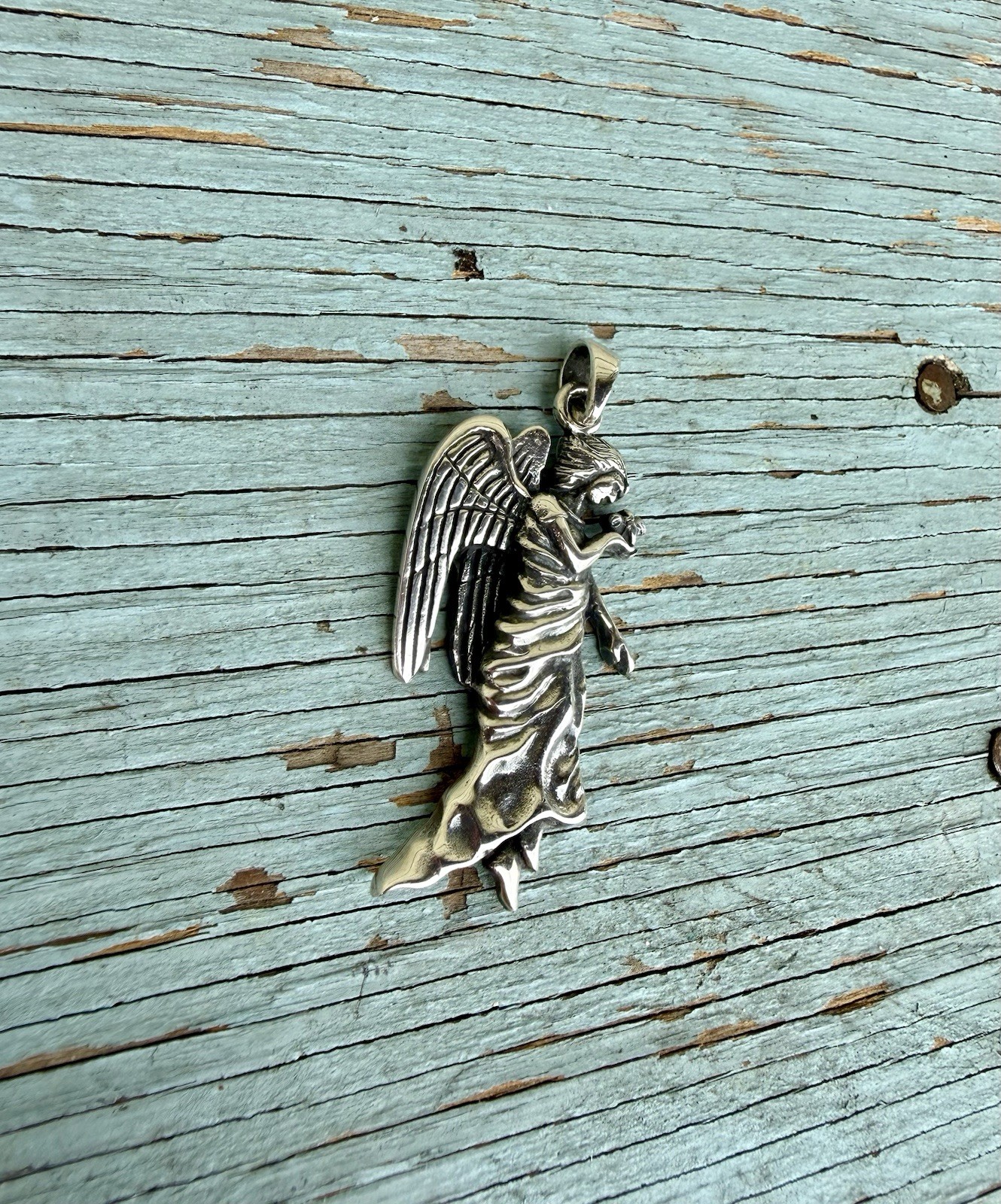 Heavy Sterling Silver 925 Guardian Angel Holding A Bird Pendant For Necklace 2”