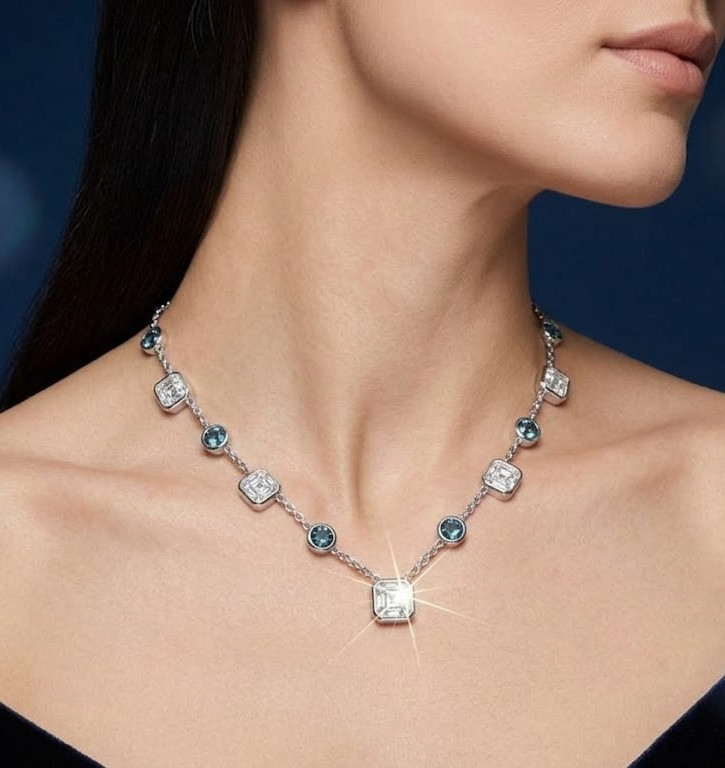 2.75 Ct White & Blue Diamond Chain Necklace-Great luster ! Free Tariffs & Studs.