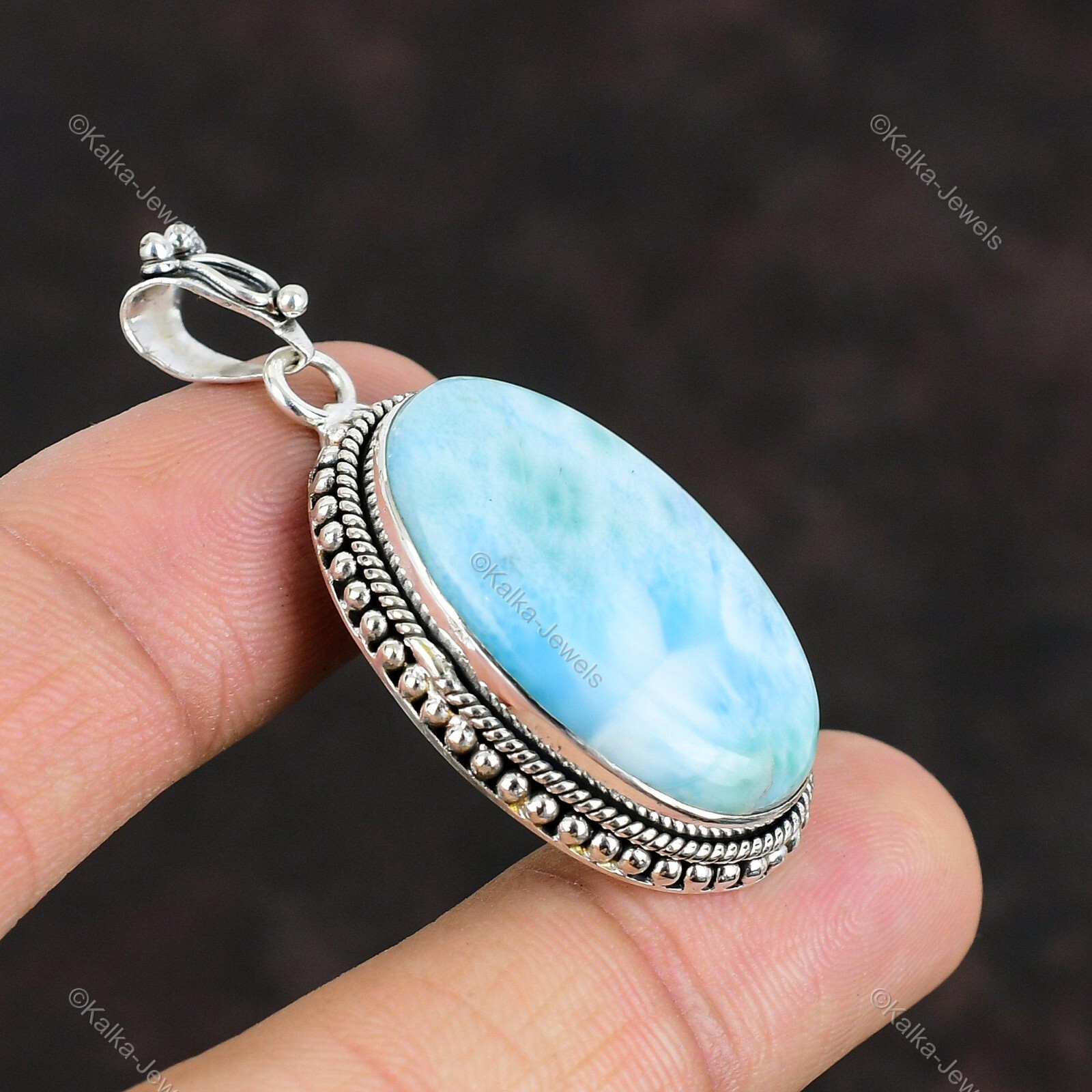 Natural Larimar Gemstone Pendant Blue 925 Sterling Silver Indian Jewelry