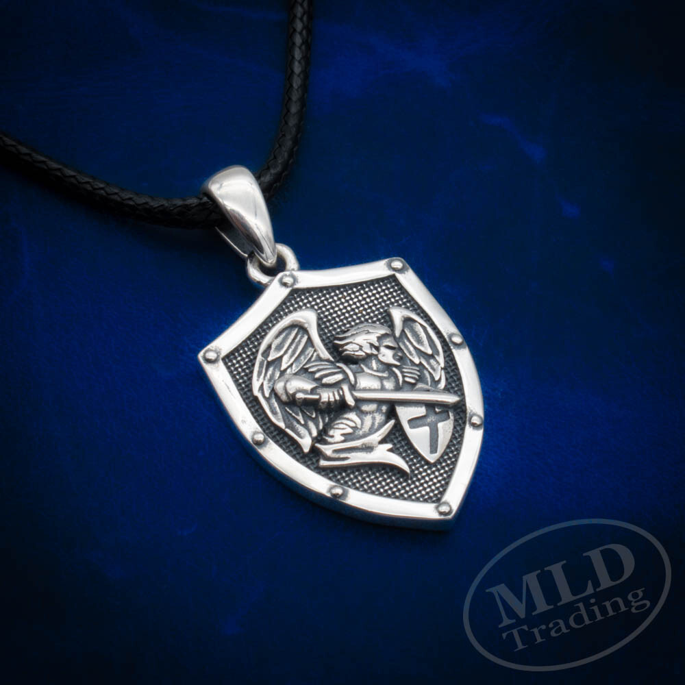 MLD 925 Sterling Silver Saint St Michael Shield Pendant Necklace w/ 22″ Cord
