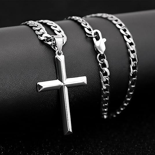 925 Silver Cuban Chain Cross Pendant Necklace for Men and women, 20-24in