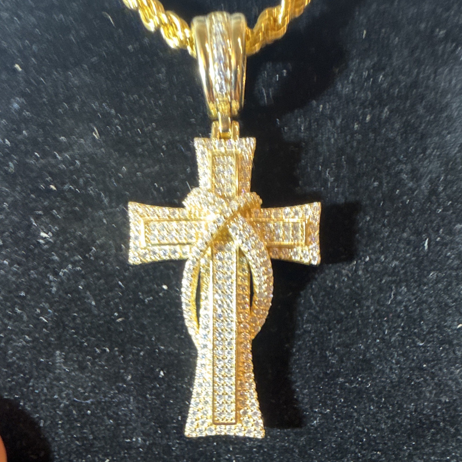 3mm 24” Rope Chain (25g) SOLID 925 14k Gold Over w Moissanite Cross Pendant