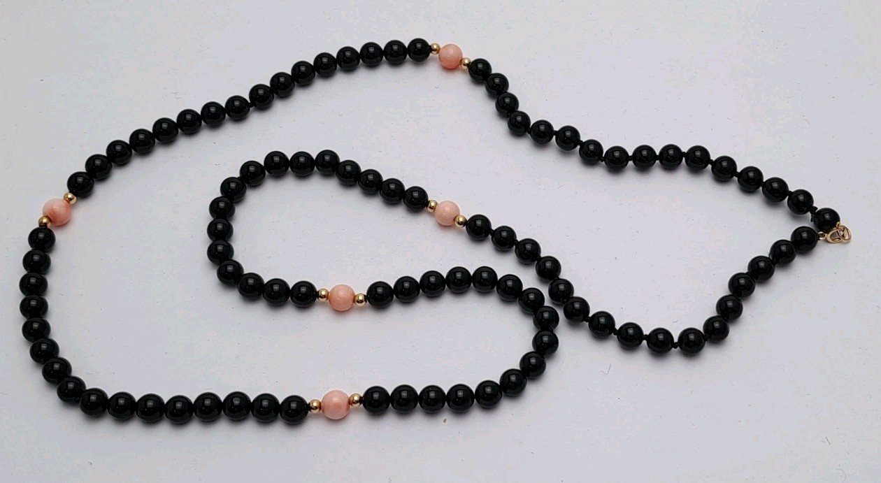 New Necklace Black Onyx 14kt Gold & Pink Corals 26 Inches