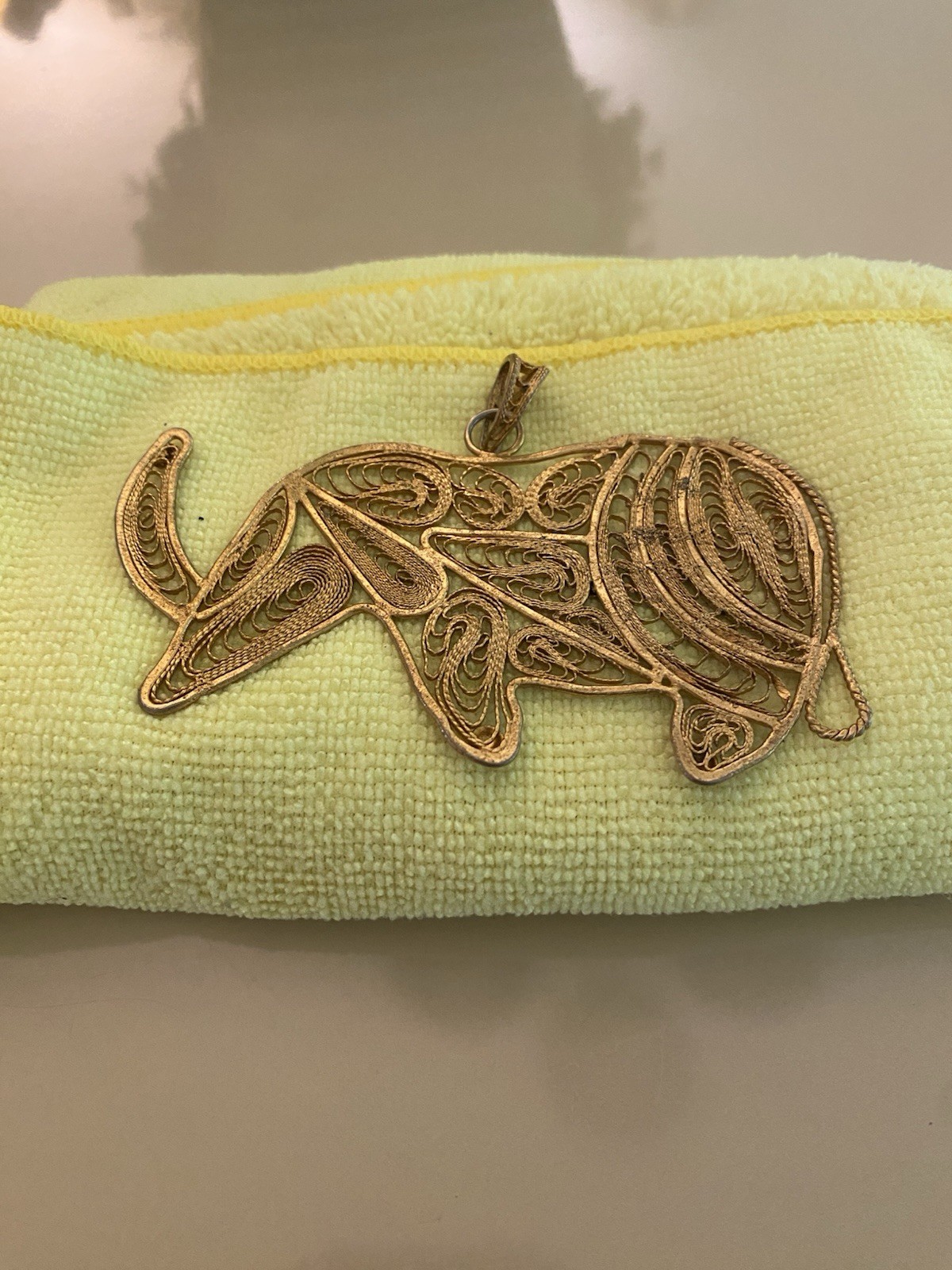 Rare Vintage Rhinoceros Outlined Metal Necklace Pendant 4.24″ Wide With 6 Beads