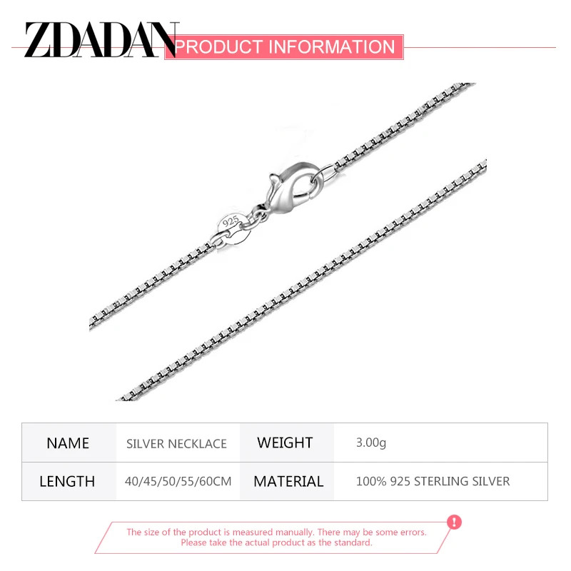 100% Genuine Sterling Silver 2mm Box Chain Necklace For Women Fashion