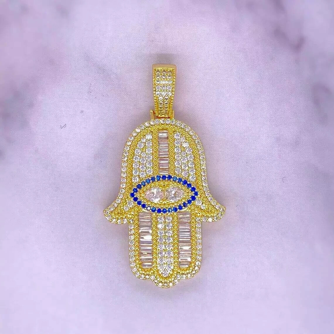 Men’s 14k Yellow Gold Finish D/VVS1 Diamond Hamsa Hand Pendant Charm 2.70 Carat