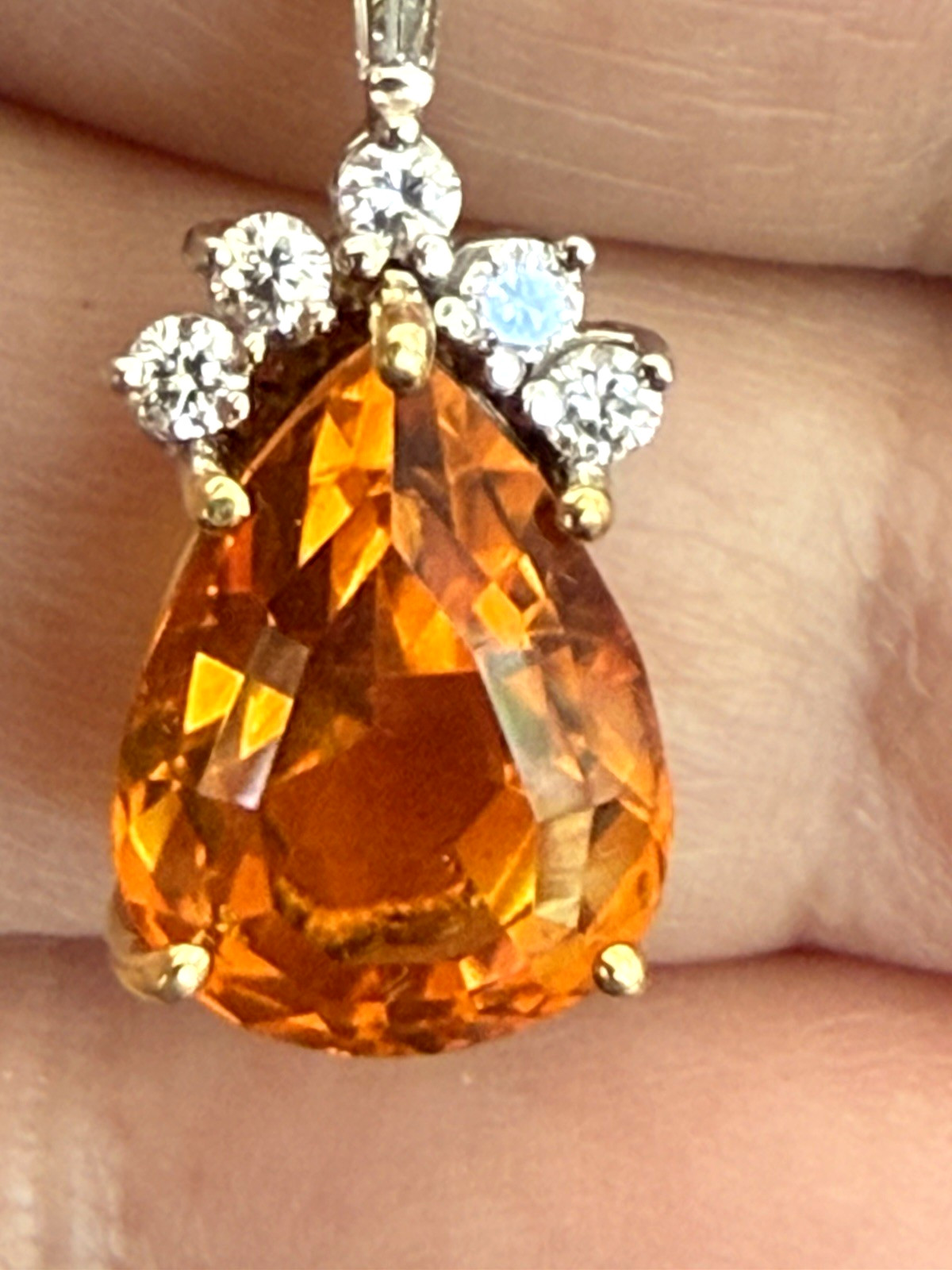 14K Yellow White Gold Pear Cut Madeira Citrine Baguette Round Diamond Pendant
