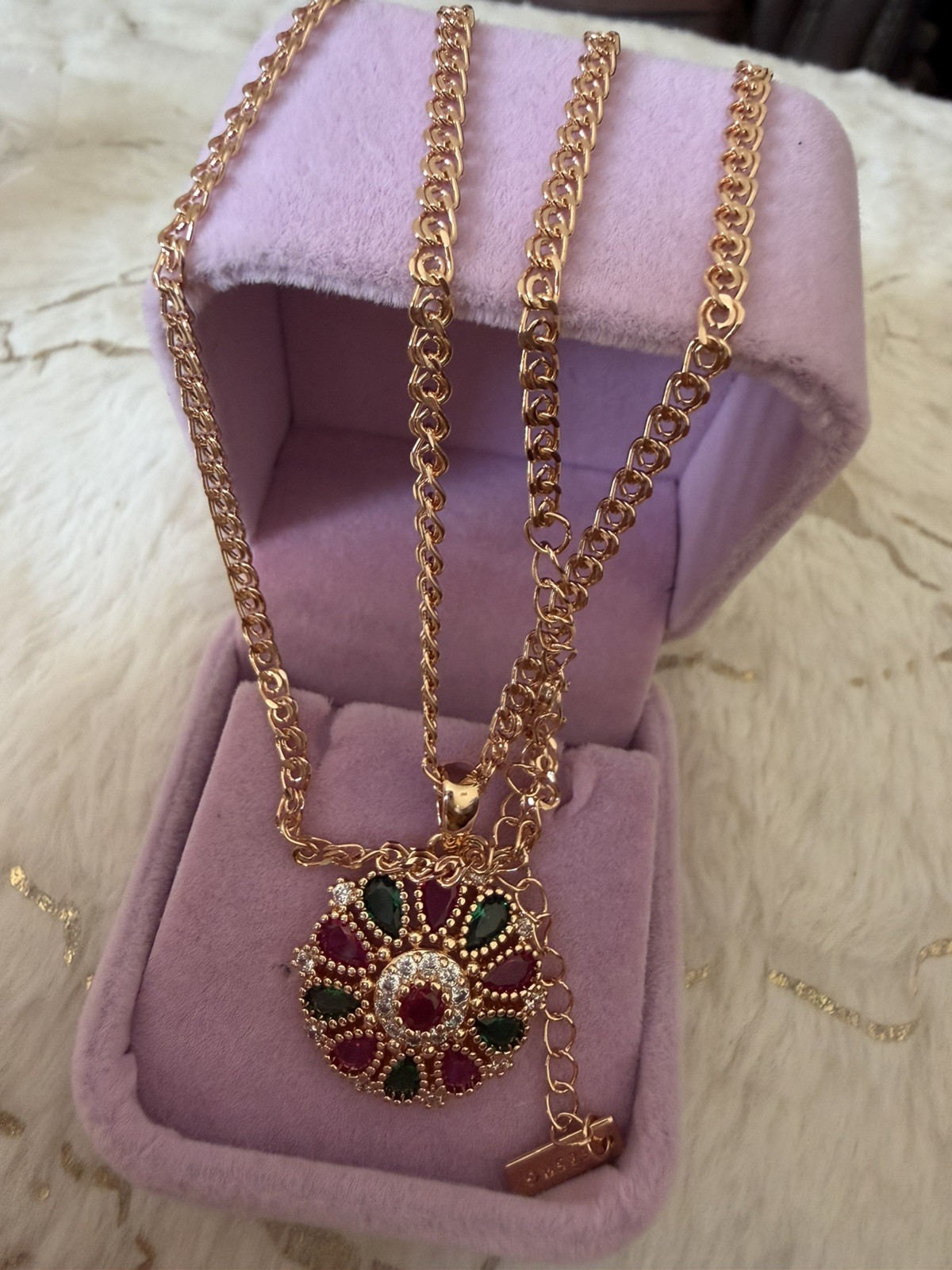 585 RG Hallmarked Rolled Rose Gold Necklace & Pendant zircon Vintage 50cm