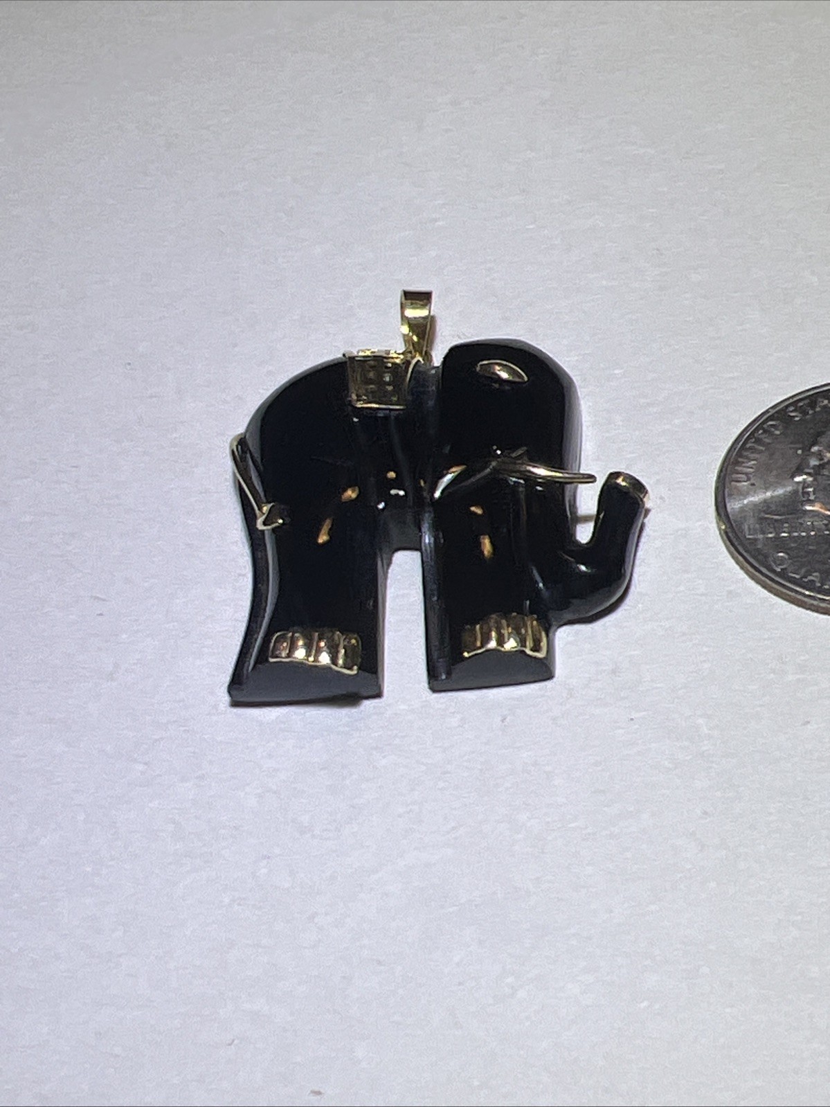 Great Extra Large Solid 14K Gold Black Onyx Elephant Pendant