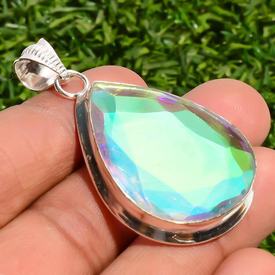 Rainbow Fire Topaz Gemstone Handmade 925 Sterling Silver Jewelry Pendant Sz 2.2″