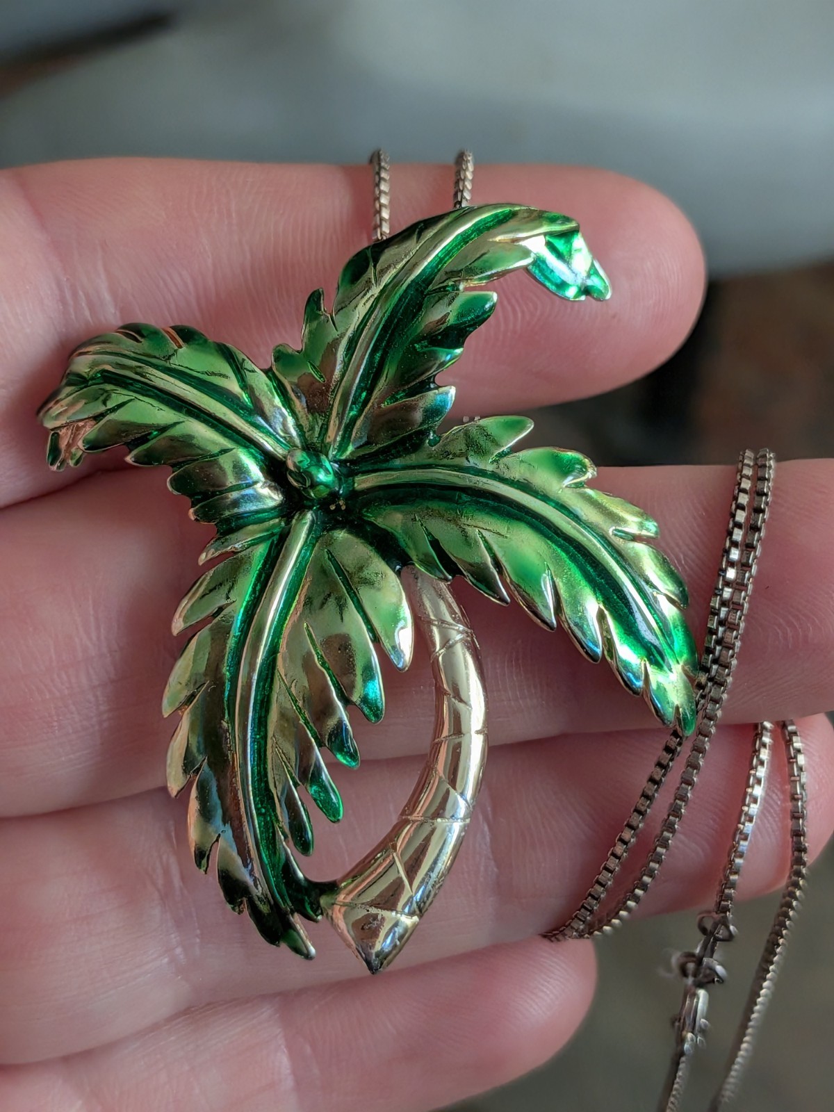 Sterling Silver Enamel Tropical Palm Tree Pendant Necklace Resort Beach Jewelry