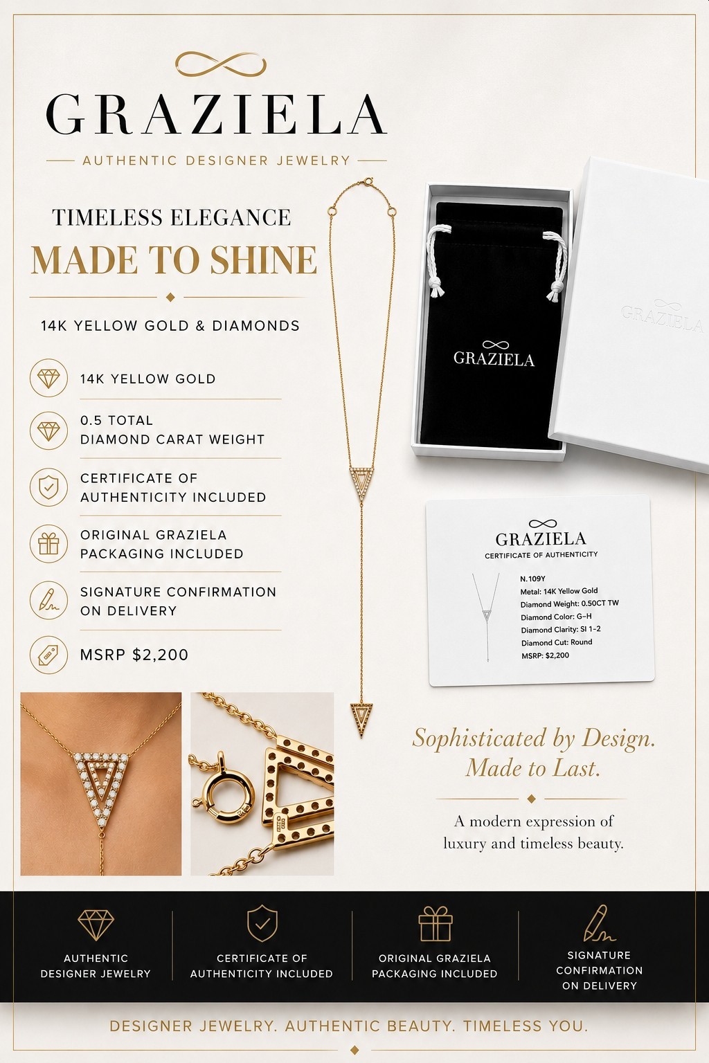 Graziela 14K Yellow Gold 0.50 ct Diamond Necklace NWPackaging & Auth Card $2,200