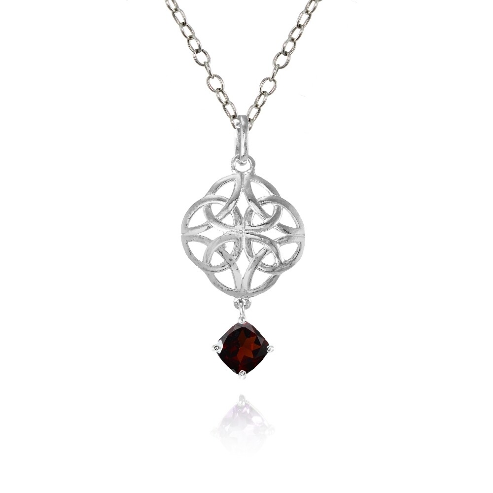 Sterling Silver Garnet Celtic Filigree Cushion Cut Dangling Necklace