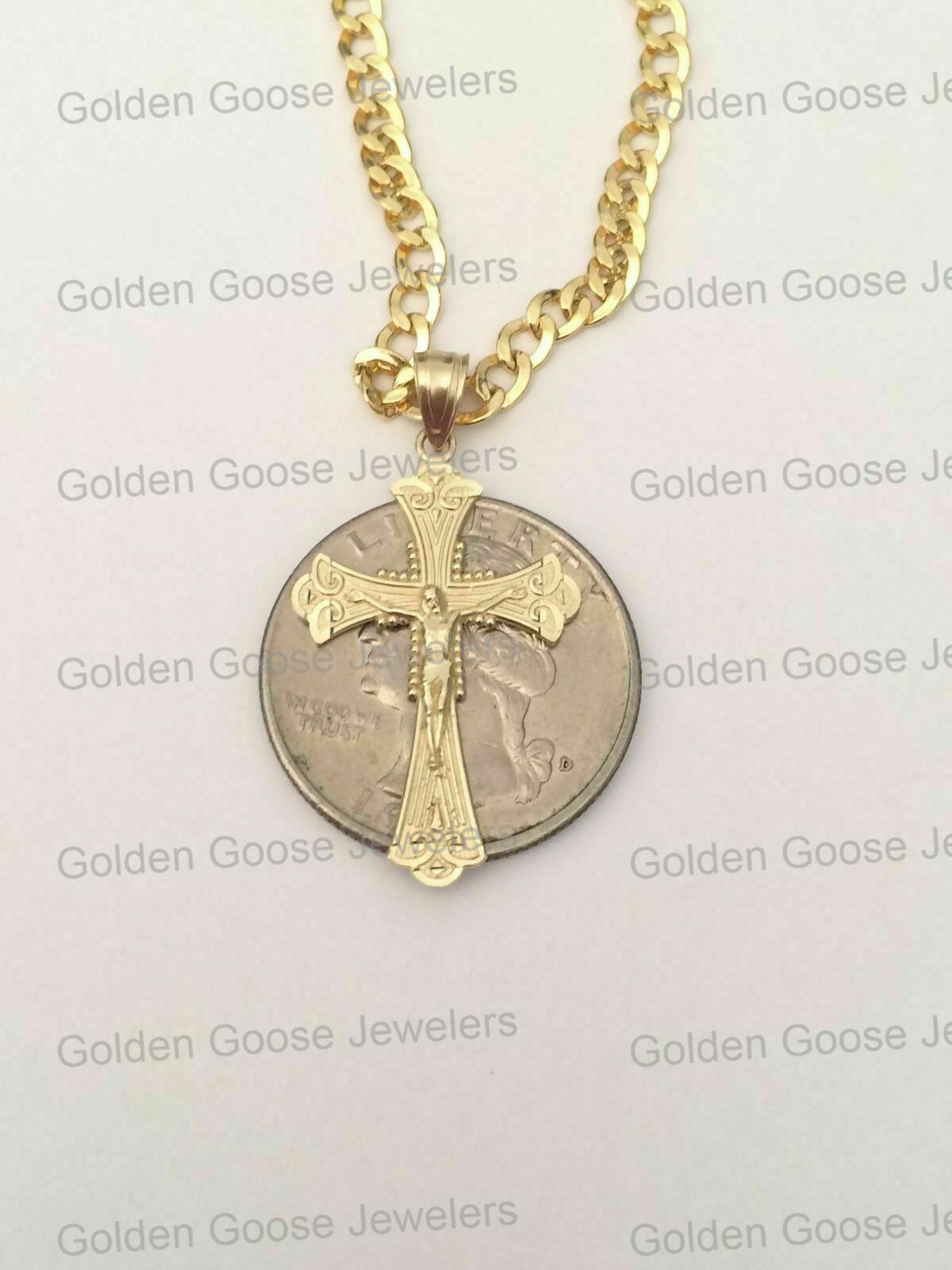 10k Yellow Gold Jesus Crucifix Cross Pendant Charm Cuban Link Chain 16″ – 24″