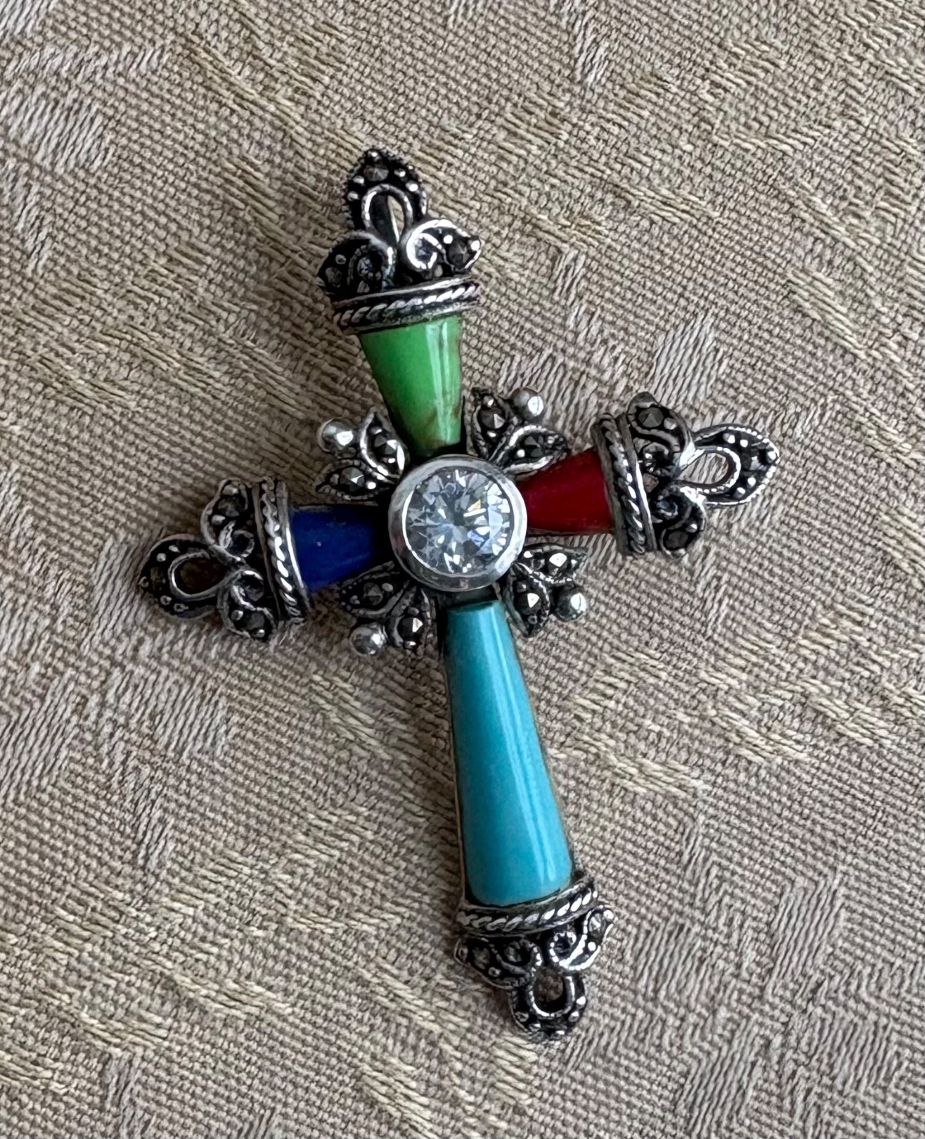 925 Sterling Silver Cross Pendant Turquoise Coral Lapis 2″ 7.16 grams CZ Gemston