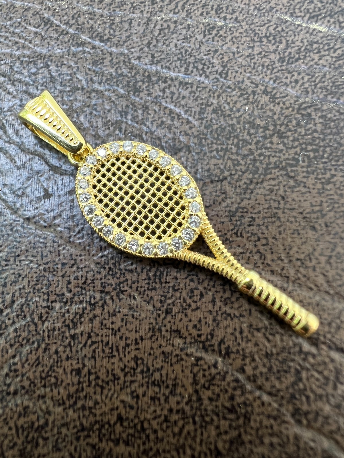 Real 925 Silver 14k Gold Plated Tennis Racket Pendant Necklace Mens Ladies CZ