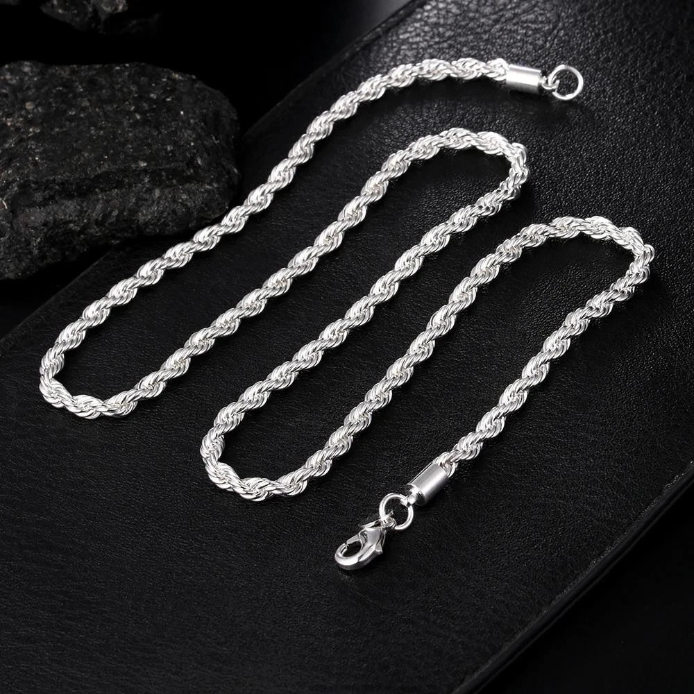 4mm Diamond Cut Solid 925 Sterling Silver Italian Rope Chain Men’s Necklace