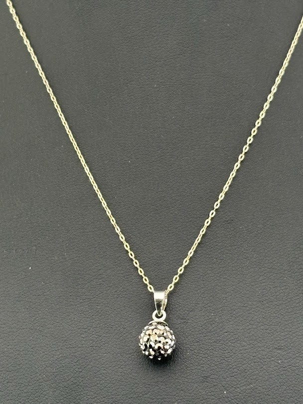 ATI THAI 925 STERLING SILVER BLACK CRYSTAL BALL NECKLACE 16″ & EARRING 3/4″ 6020