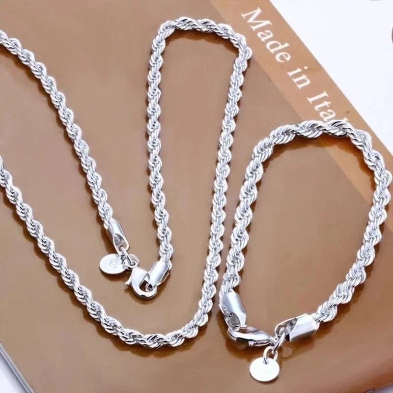 4mm Diamond Cut Solid 925 Sterling Silver Italian Rope Chain Men’s Necklace