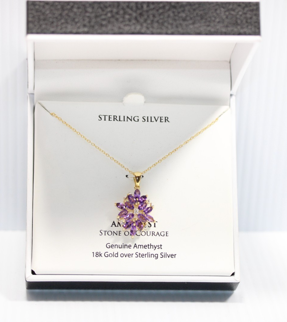 New 18K Gold Cluster Amethyst Diamond Necklace Modern NWT Tear Drop 18″ #121